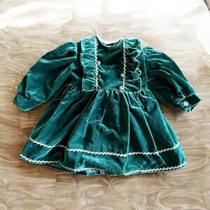 Vintage Green Velvet 2T Dress-Made in Italy-Ruffled-Ric Rac Trim-Christmas-Party